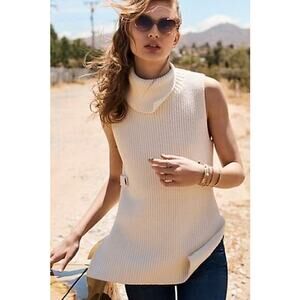 Anthropologie Alexa‎ Sleeveless Split Mock Neck Button Sides Cream Tunic Sweater